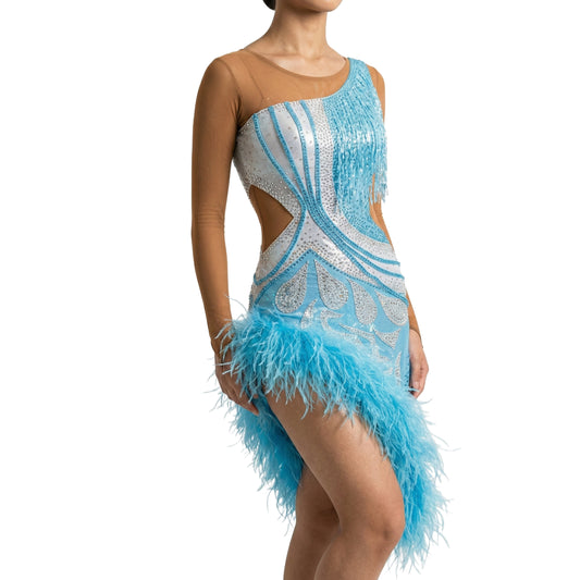 ByCharme Sky Blue Silver Brown Fringes Latin Salsa Competition Dress - BCL-0042