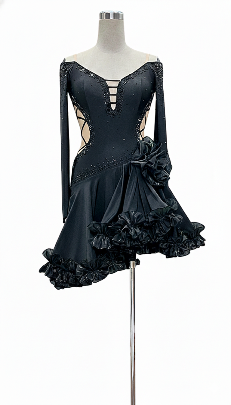 ByCharme Black Tan Chiffon Latin Salsa Competition Dress - BCL-0003