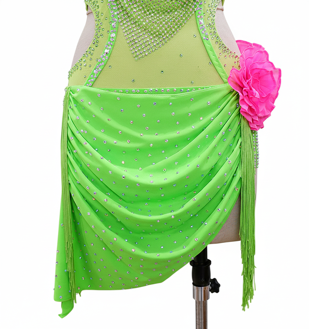 ByCharme Green Pink Chiffon Latin Salsa Competition Dress - BCL-0029