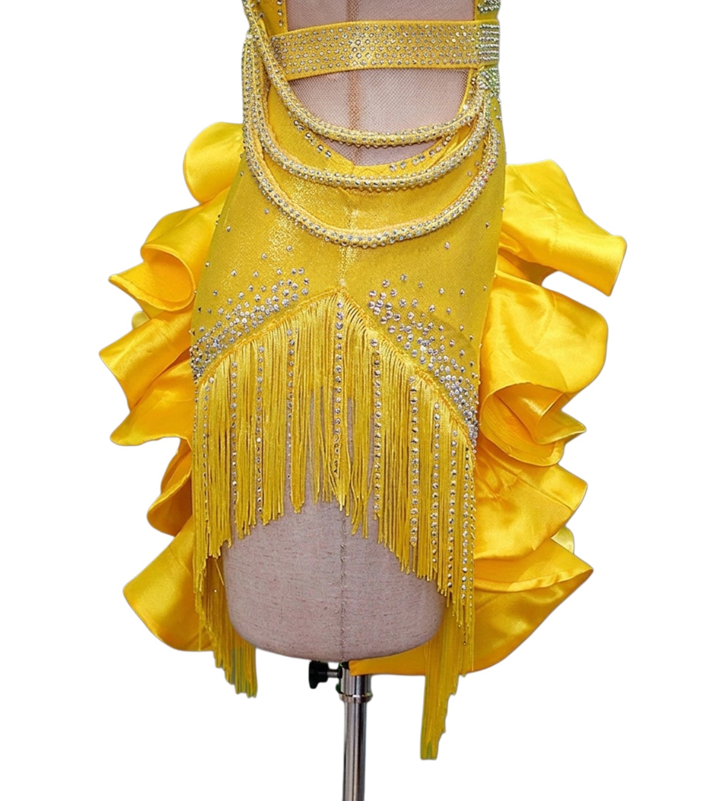 ByCharme Dark Yellow Tan Satin Fringes Latin Salsa Competition Dress - BCL-0195