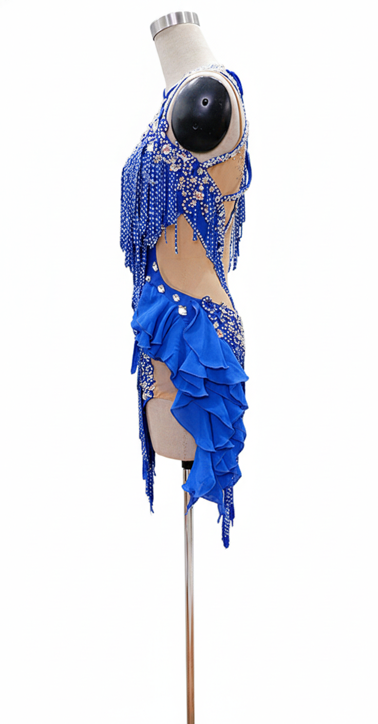 ByCharme Blue Silver Tan Fringes Latin Salsa Competition Dress - BCL-0072