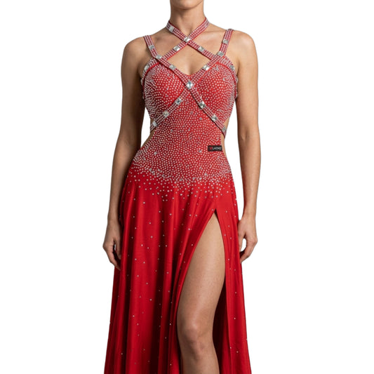 ByCharme Bright Red Silver Latin Salsa Competition Dress - BCL-0111
