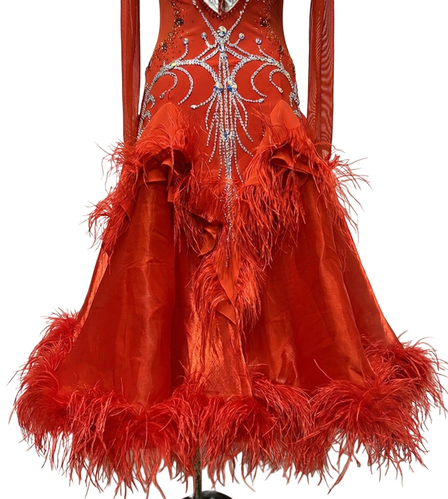 ByCharme Bright Red Feather Ballroom Competition Dress - BC-0028