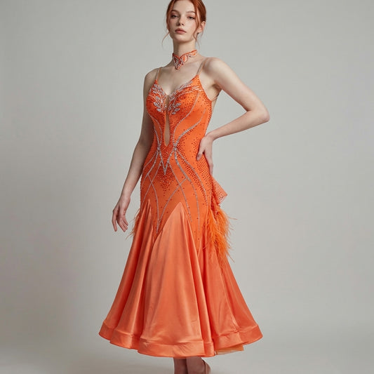 ByCharme Orange Red Feather Ballroom Competition Dress - BC-0215
