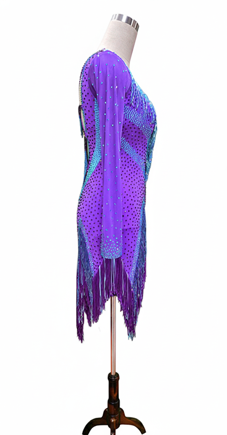 ByCharme Purple Blue Brown Fringes Latin Salsa Competition Dress - BCL-0061