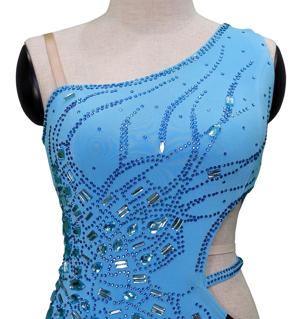 ByCharme Deep Sky Blue Feather Ballroom Competition Dress - BC-0219