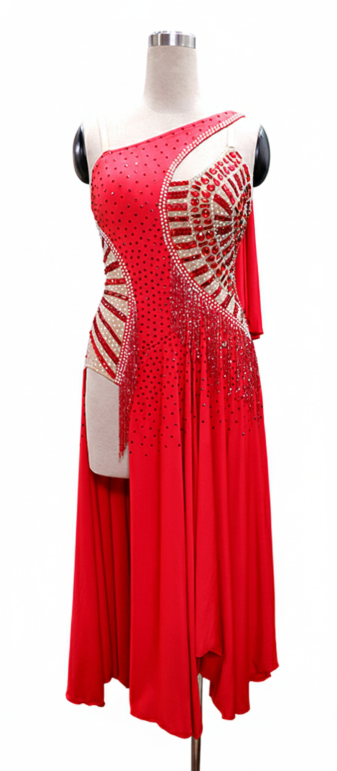 ByCharme Bright Red Fringes Ballroom Competition Dress - BC-0045