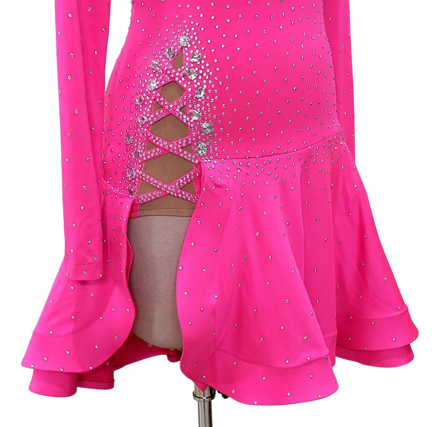 ByCharme Neon Pink Brown Silver Rhinestones Latin Salsa Competition Dress - BCL-0190