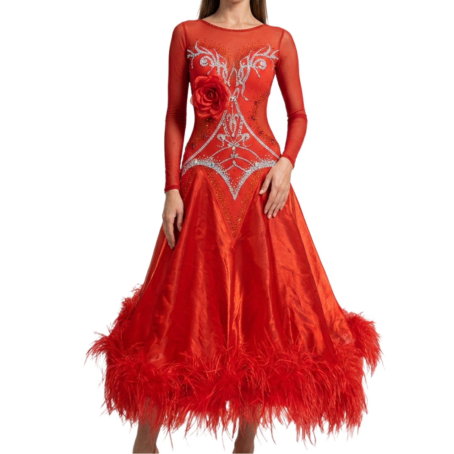 ByCharme Bright Red Feather Ballroom Competition Dress - BC-0028