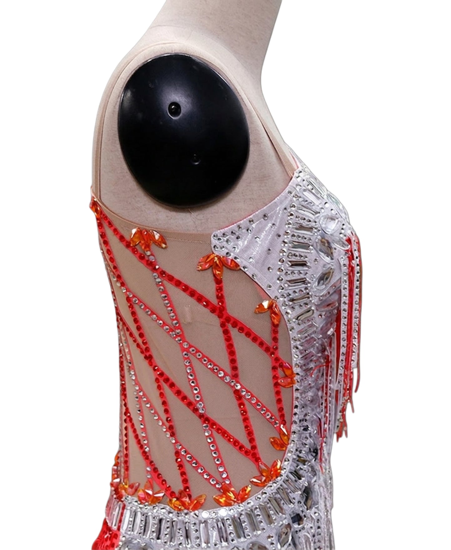ByCharme Red Silver White Tan Fringes Latin Salsa Competition Dress - BCL-0196
