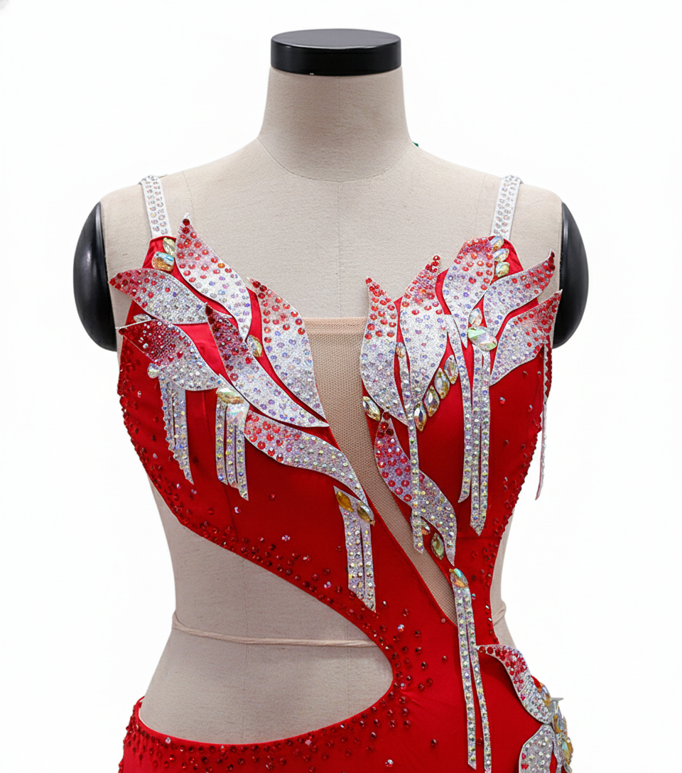 ByCharme Red Silver Tan Fringes Latin Salsa Competition Dress - BCL-0081