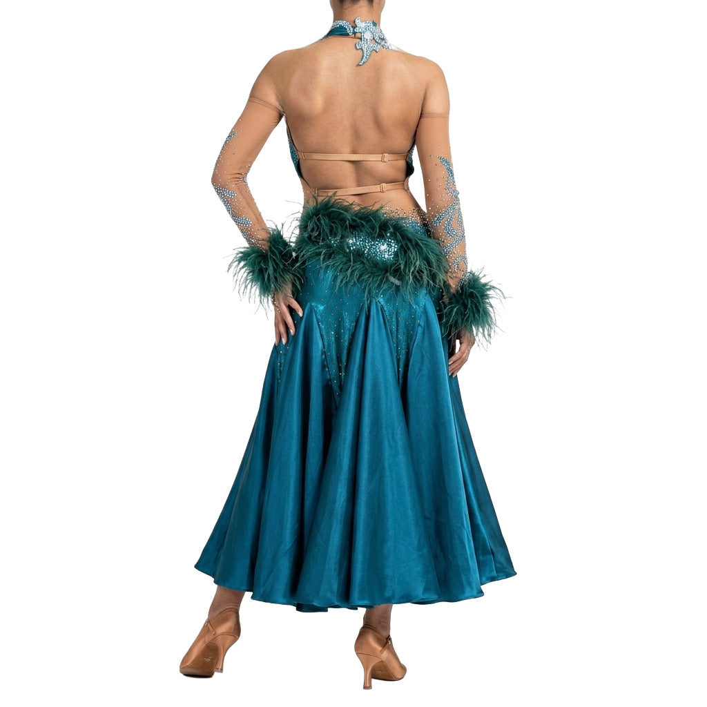 ByCharme Teal Blue Feather Ballroom Competition Dress - BC-0051