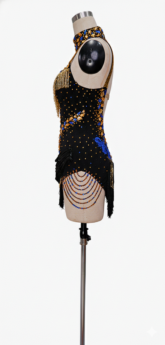 ByCharme Black Blue Gold Fringes Latin Salsa Competition Dress - BCL-0001