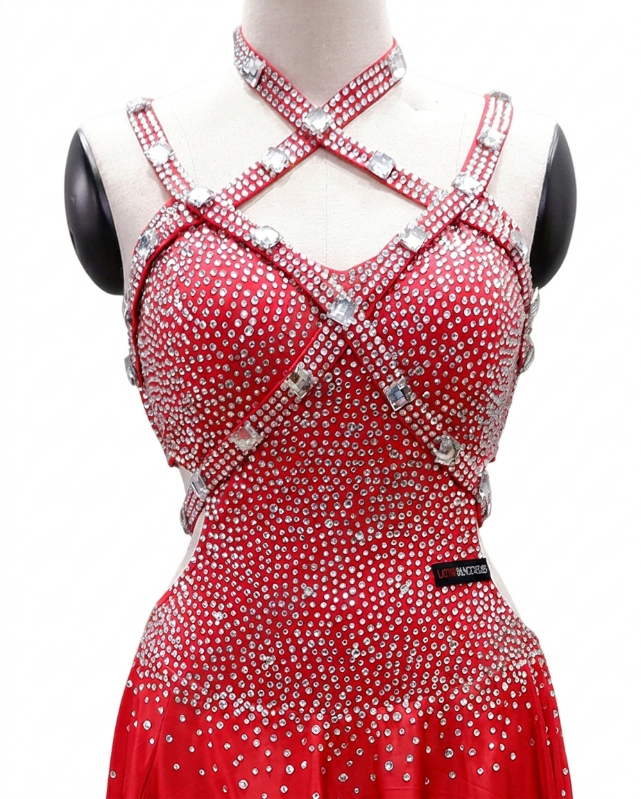 ByCharme Bright Red Silver Latin Salsa Competition Dress - BCL-0111