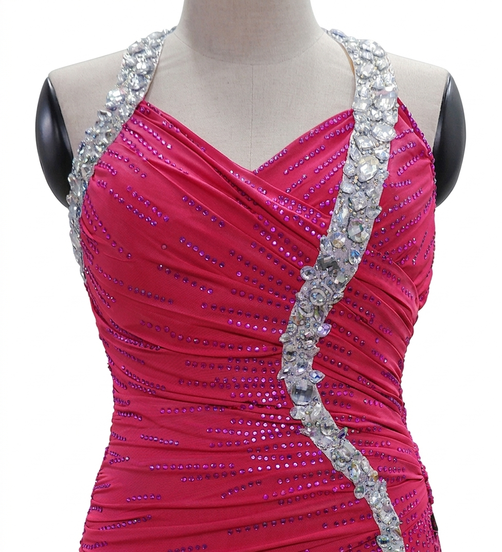 ByCharme Deep Pink Feather Ballroom Competition Dress - BC-0068