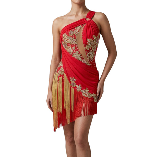 ByCharme Red Gold Sequined Fringes Latin Salsa Competition Dress - BCL-0163