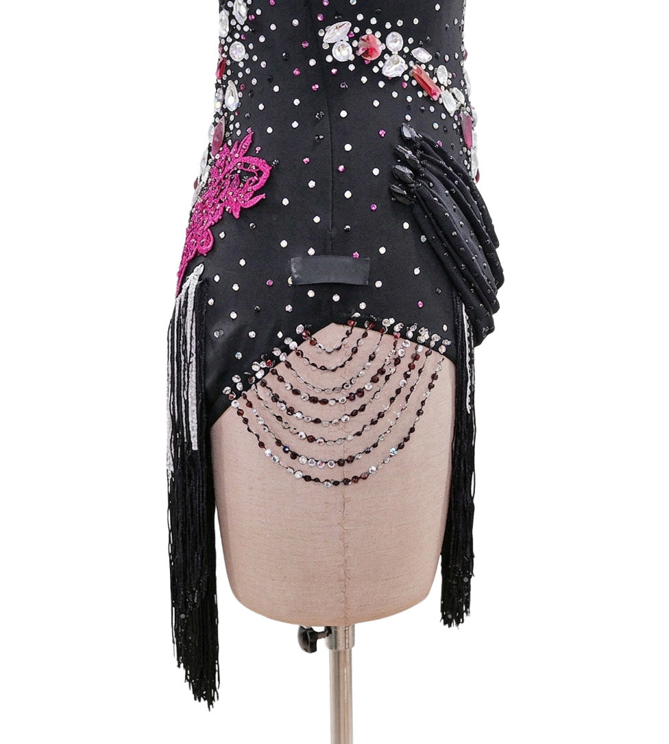 ByCharme Black Silver Deep Pink Fringes Latin Salsa Competition Dress - BCL-0138