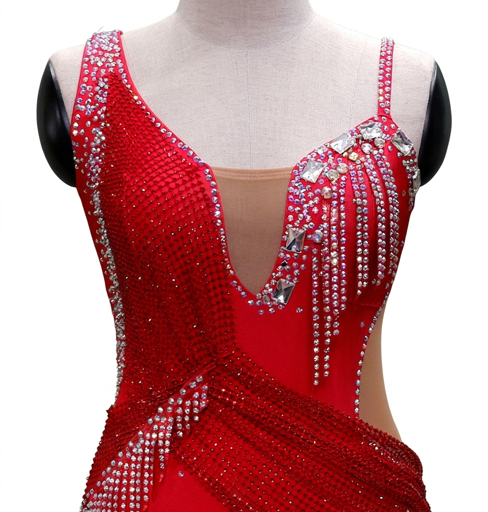 ByCharme Bright Red Fringes Ballroom Competition Dress - BC-0225