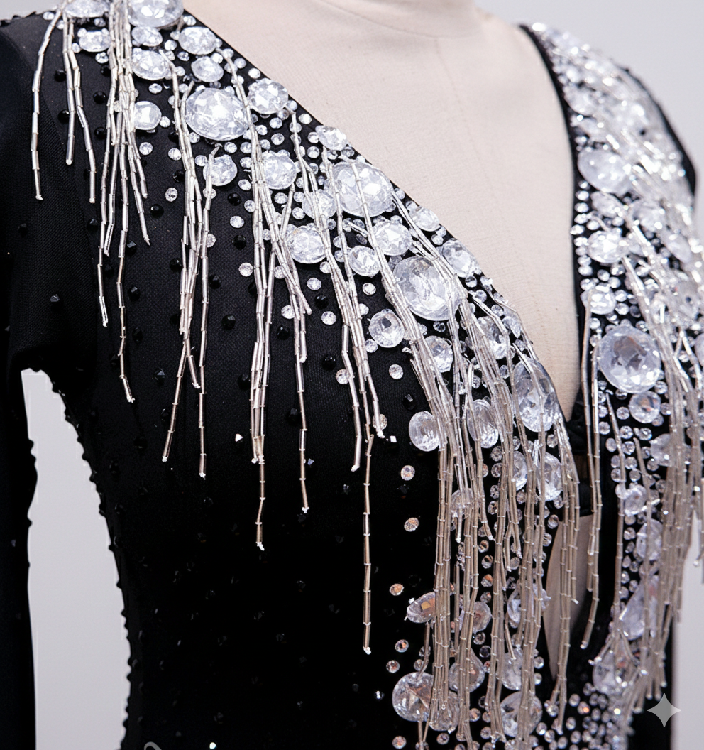 ByCharme Black Red Silver Fringes Latin Salsa Competition Dress - BCL-0054