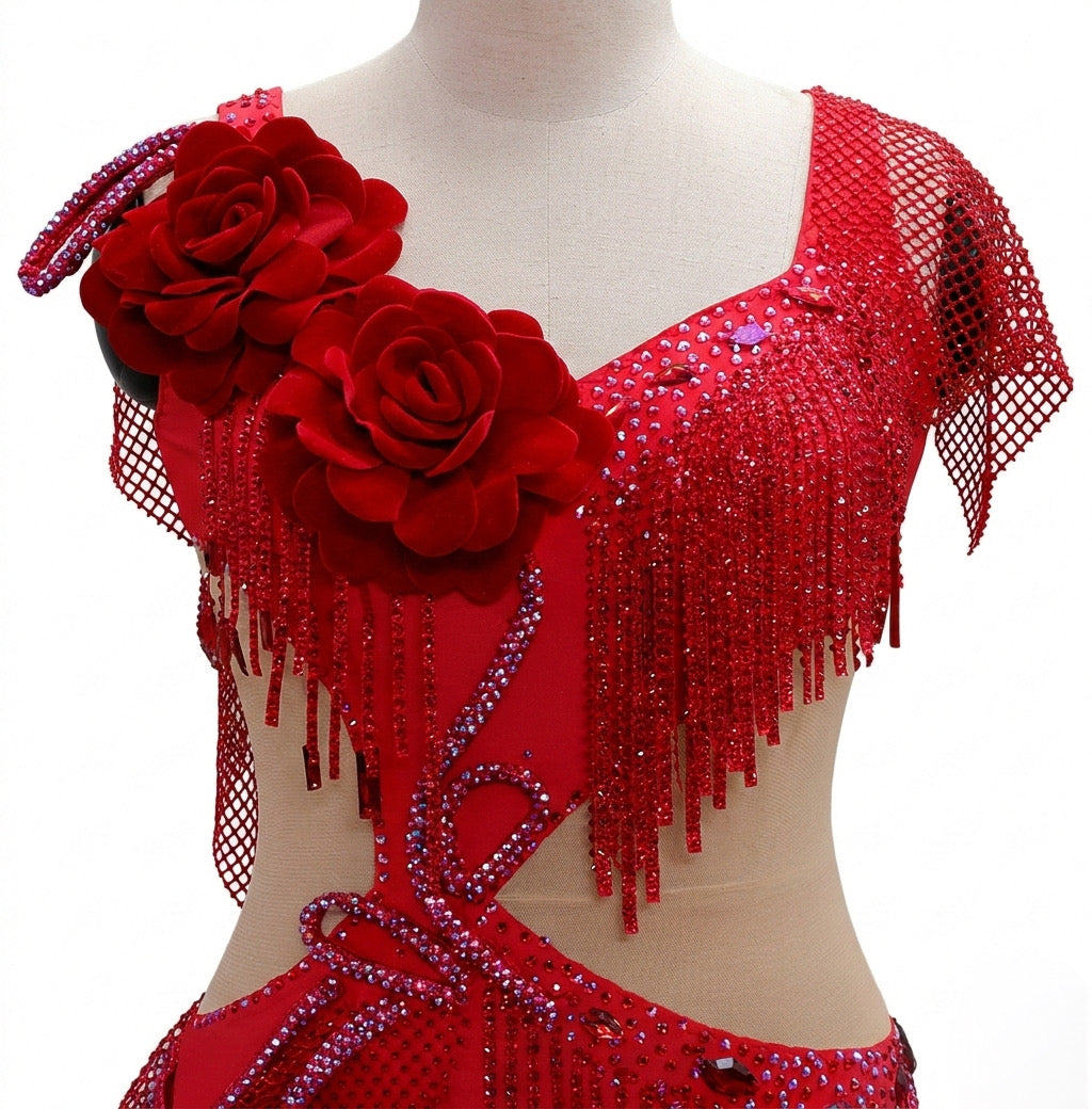 ByCharme Bright Red Tan Feather Latin Salsa Competition Dress - BCL-0105