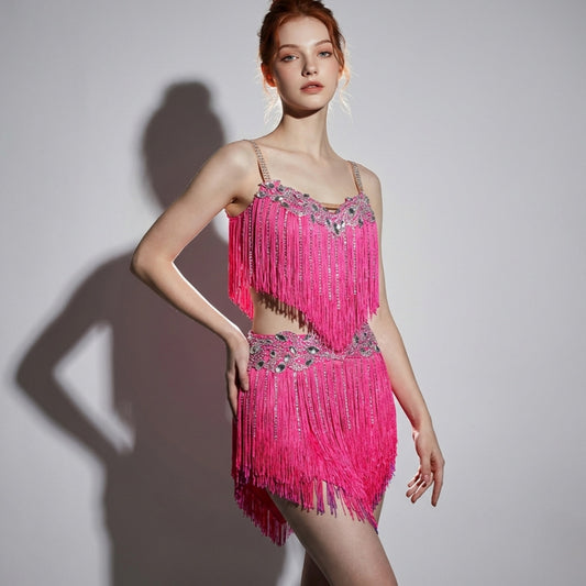 ByCharme Hot Pink Violet Silver Fringes Latin Salsa Dress - BCL-0215