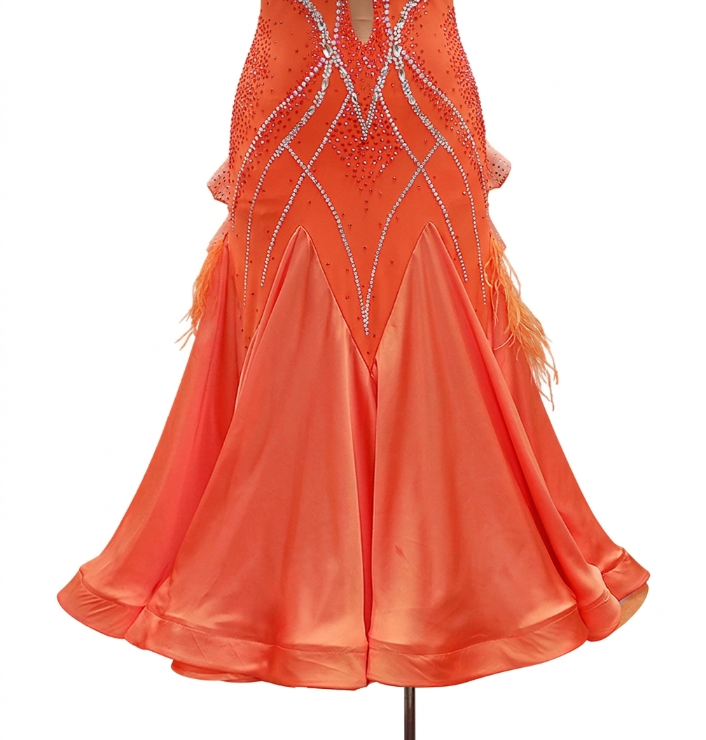ByCharme Orange Red Feather Ballroom Competition Dress - BC-0215