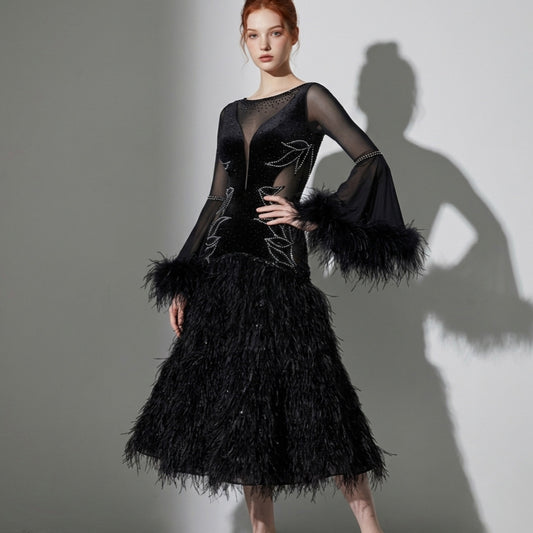 ByCharme Black Feather Ballroom Competition Dress - BC-0233