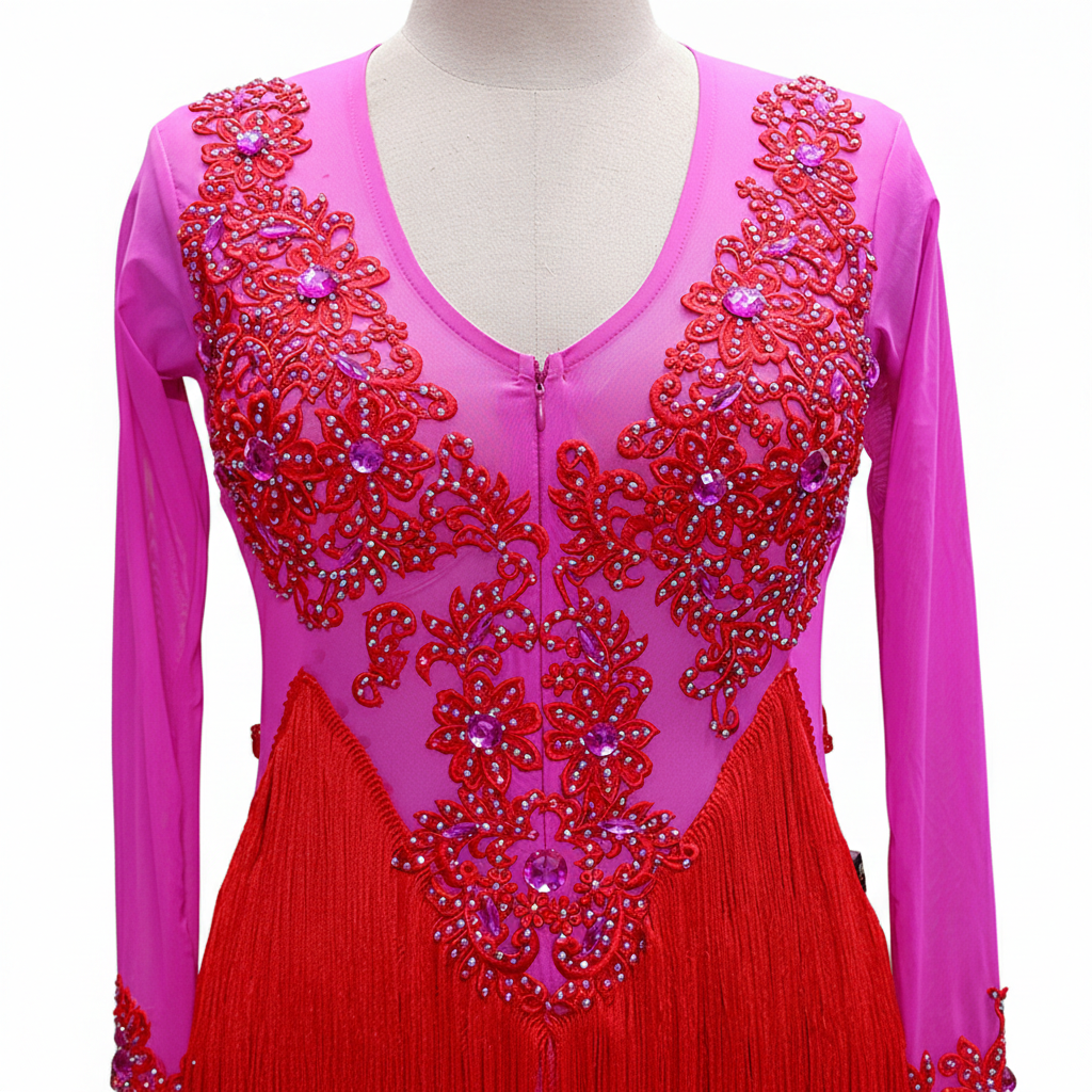 ByCharme Magenta Red Fringes Latin Salsa Competition Dress - BCL-0078