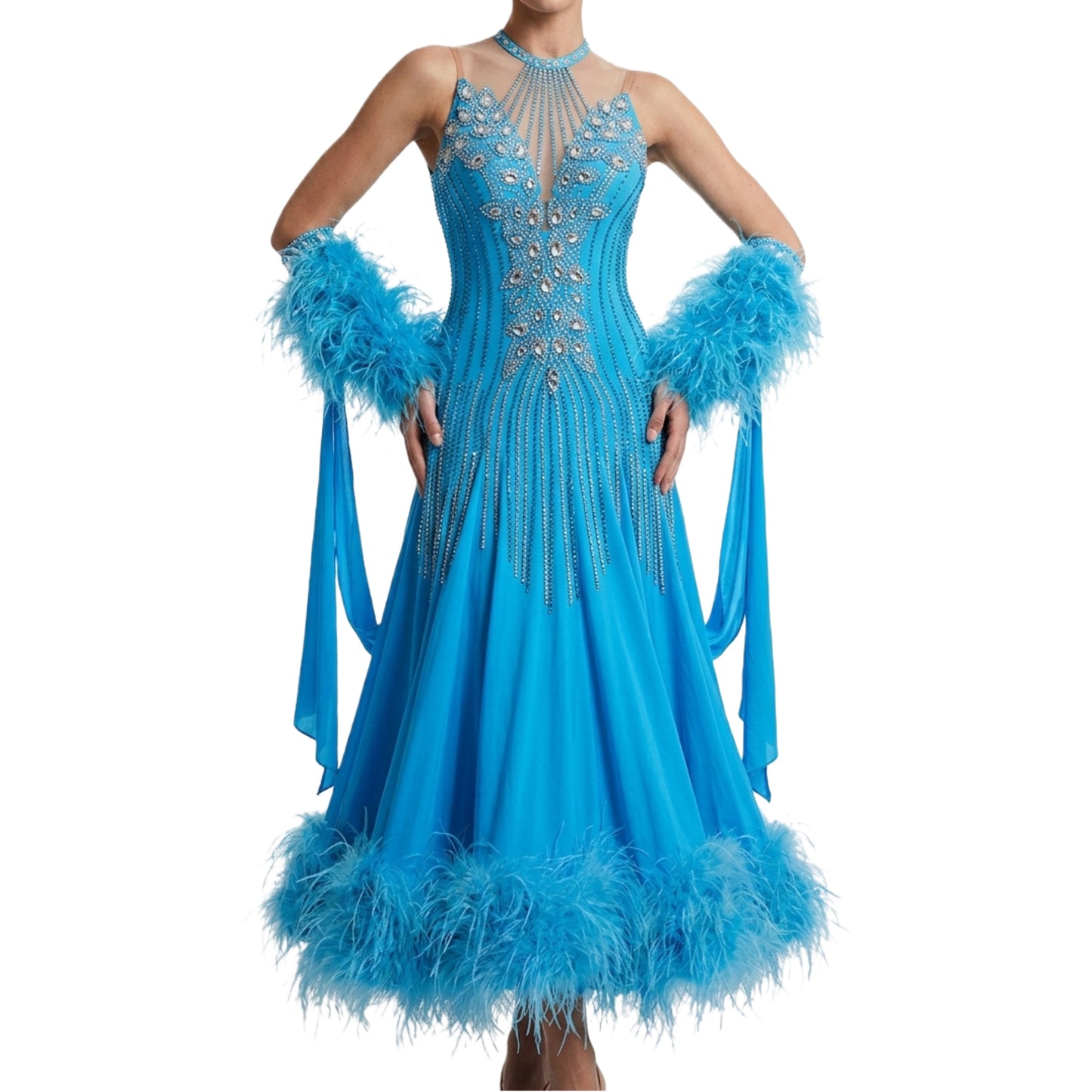 ByCharme Deep Sky Blue Feather Ballroom Competition Dress - BC-0018