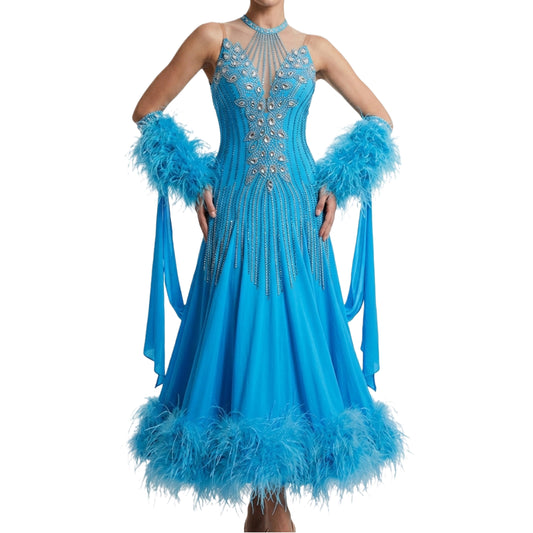 ByCharme Deep Sky Blue Feather Ballroom Competition Dress - BC-0018