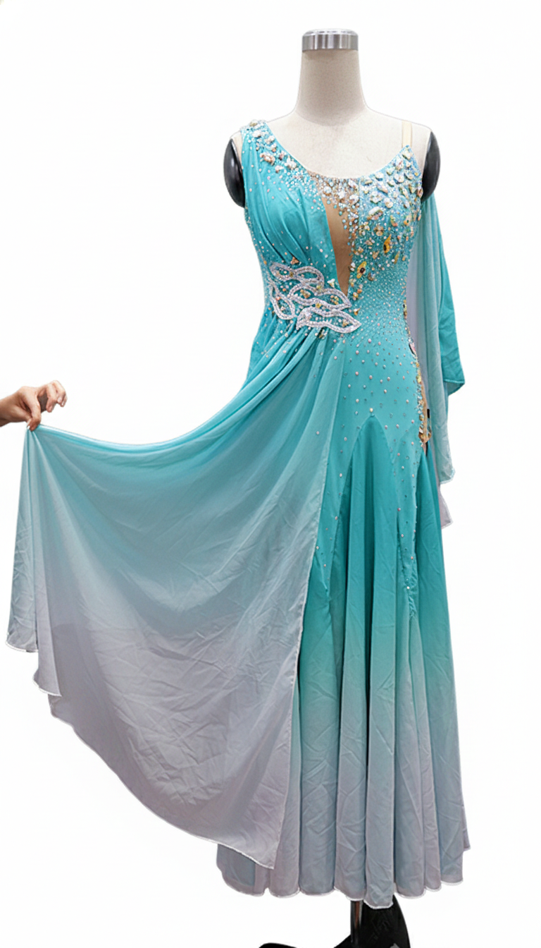 ByCharme Cyan Blue Chiffon Ballroom Competition Dress - BC-0055