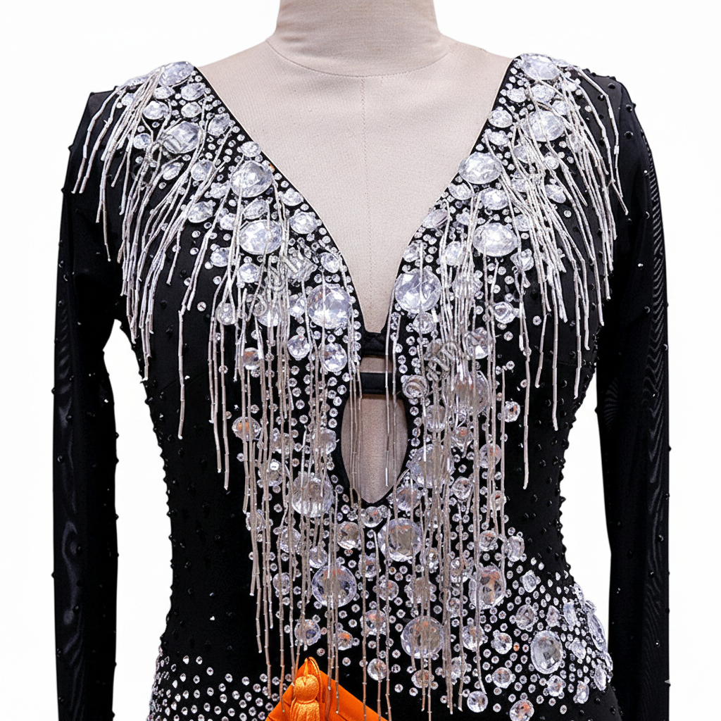 ByCharme Black Red Silver Fringes Latin Salsa Competition Dress - BCL-0054