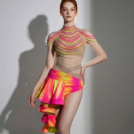 ByCharme Light Brown Yellow Pink Fringes Latin Salsa Dress - BCL-0210