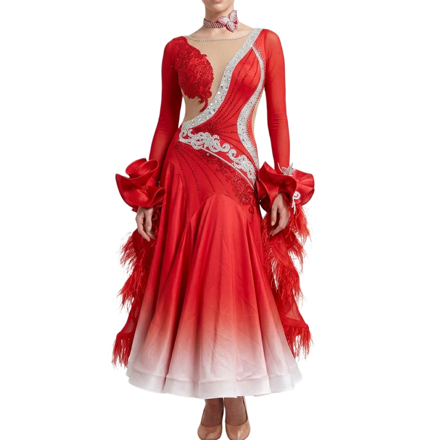 ByCharme Bright Red Feather Ballroom Competition Dress - BC-0021