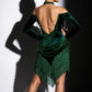 ByCharme Dark Green Velvet Fringes Pearls Latin Salsa Competition Dress - BCL-0191