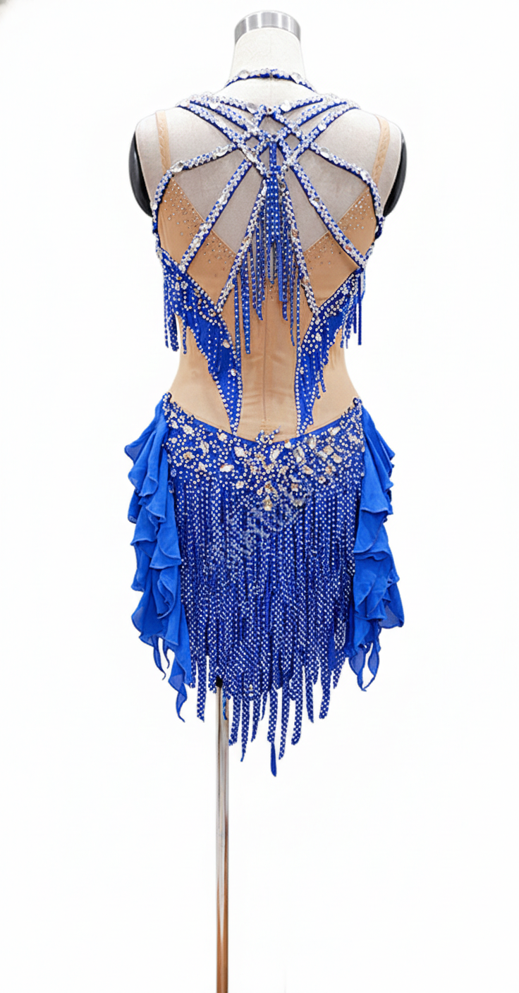 ByCharme Blue Silver Tan Fringes Latin Salsa Competition Dress - BCL-0072