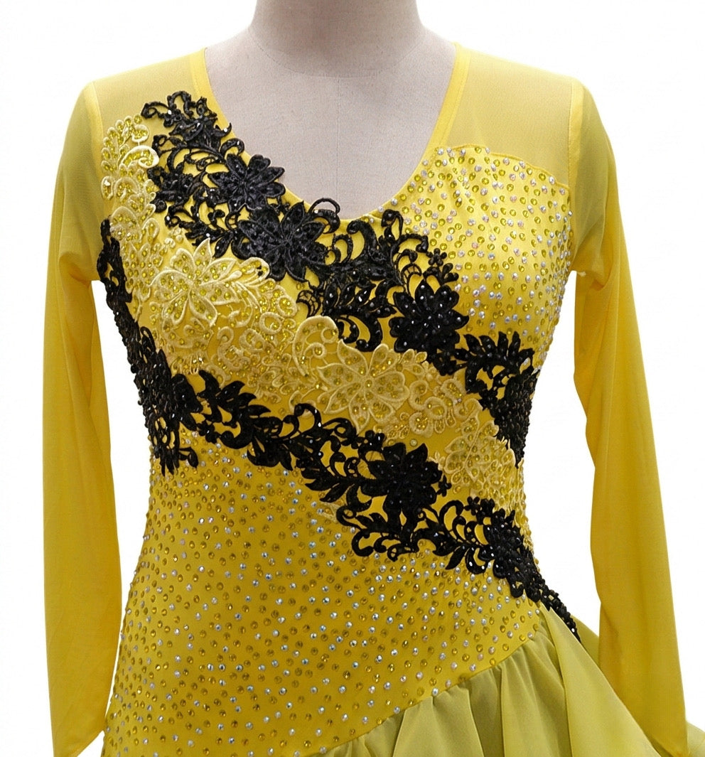 ByCharme Yellow Black Rhinestones Latin Salsa Competition Dress - BCL-0110