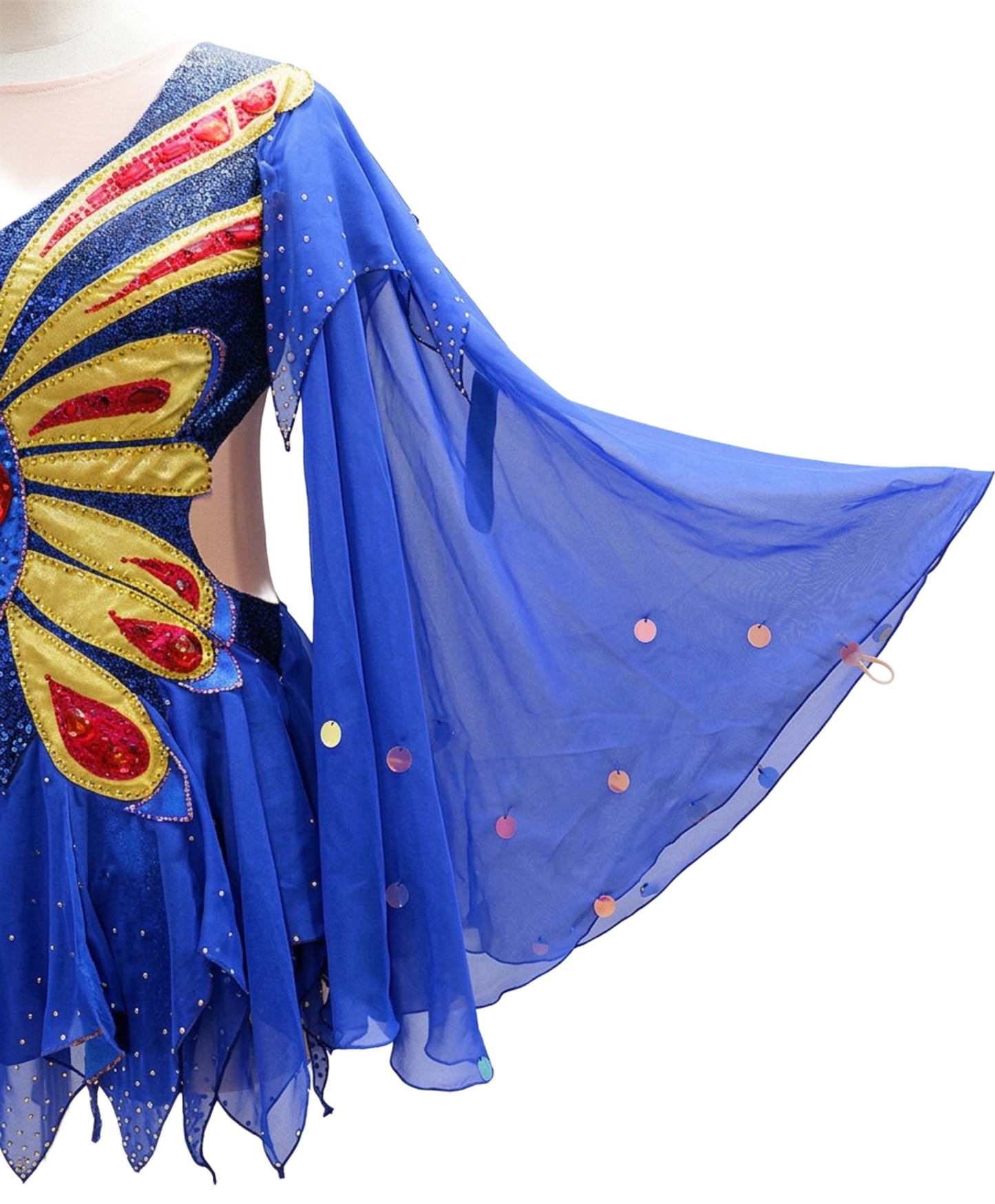 ByCharme Medium Blue Gold Red Fringes Latin Salsa Competition Dress - BCL-0139