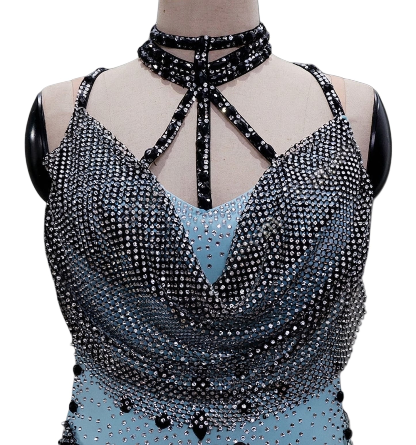 ByCharme Sky Blue Black Rhinestones Latin Salsa Competition Dress - BCL-0175