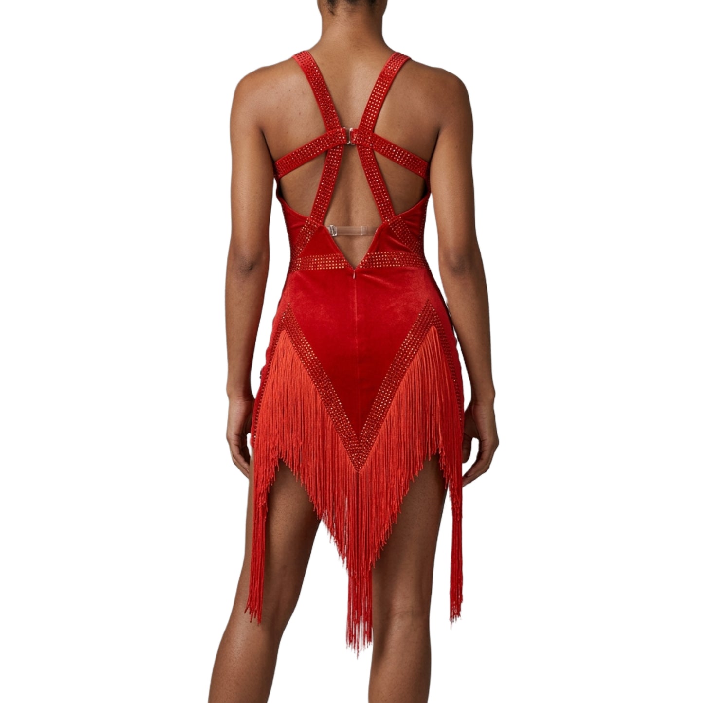 ByCharme Orange Red Velvet Fringes Latin Salsa Competition Dress - BCL-0187