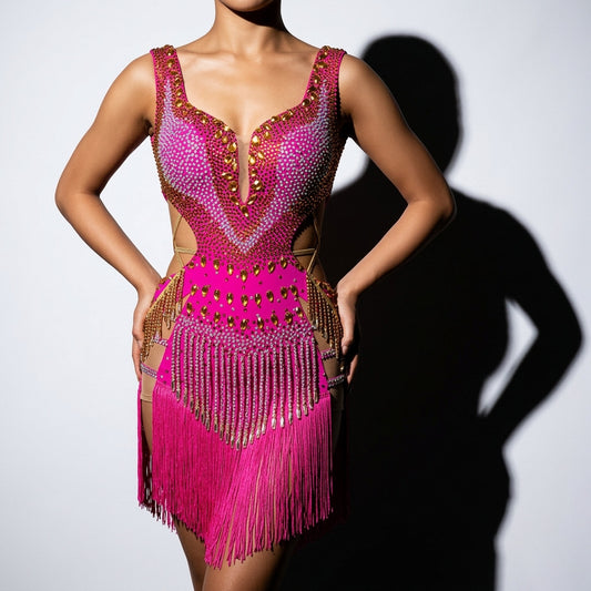 ByCharme Magenta Gold Tan Silver Fringes Latin Salsa Competition Dress - BCL-0167