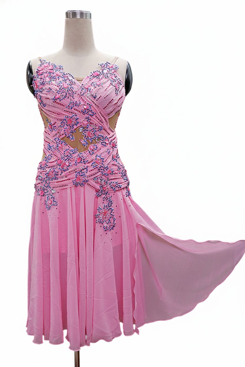 ByCharme Light Hot Pink Chiffon Ballroom Competition Dress - BC-0054
