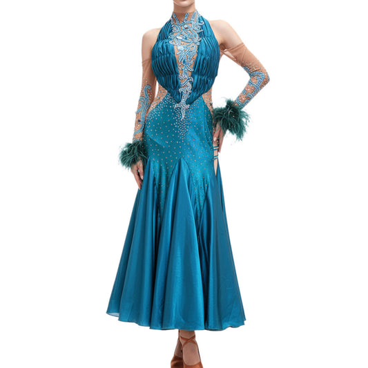 ByCharme Teal Blue Feather Ballroom Competition Dress - BC-0051
