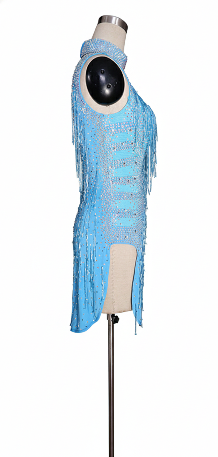 ByCharme Sky Blue Silver Fringes Latin Salsa Competition Dress - BCL-0038