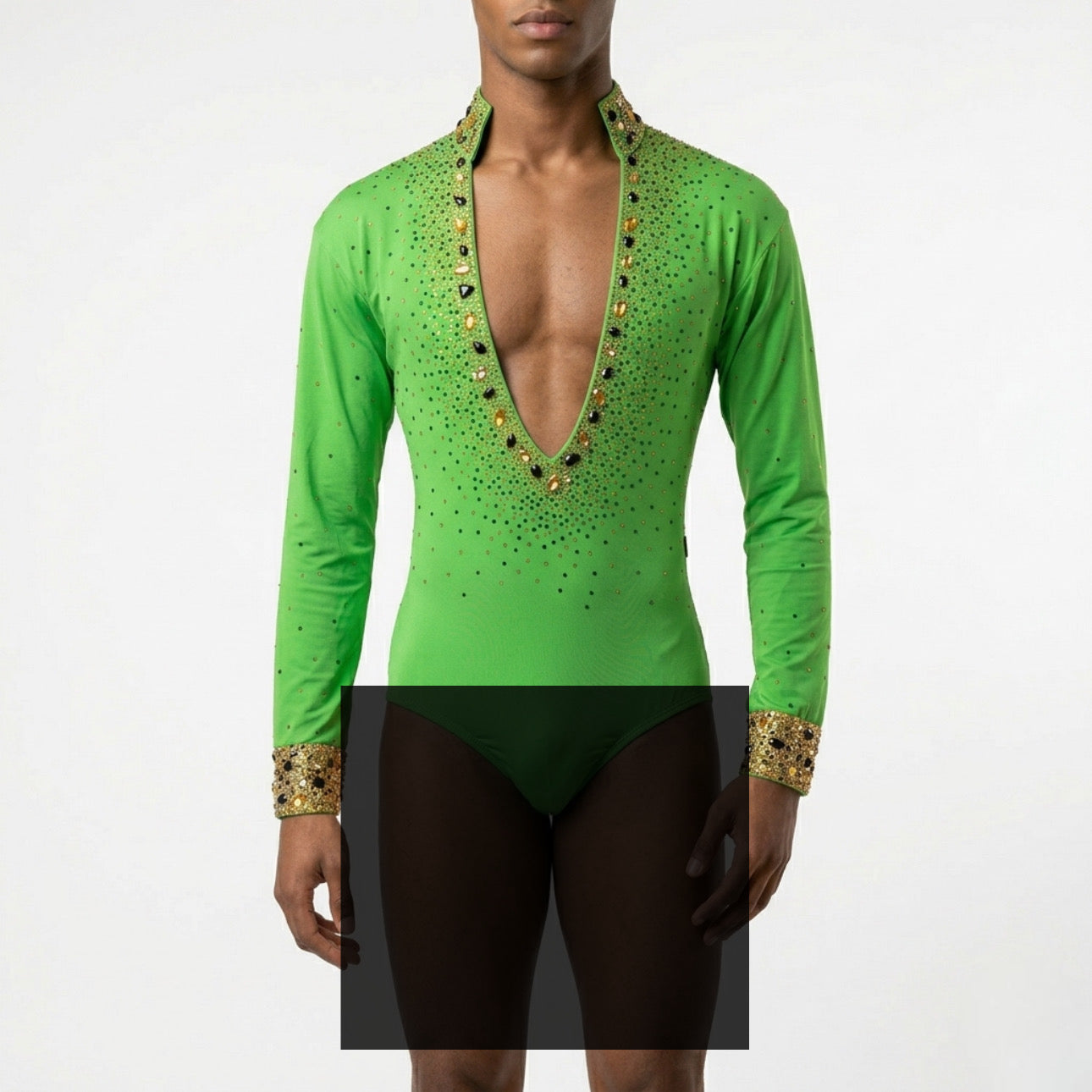 ByCharme Green Gold Lycra Men Latin Salsa Competition Shirt - BCM-0082