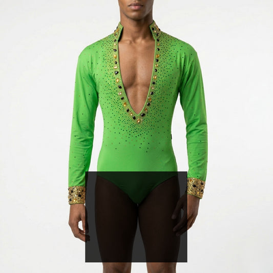 ByCharme Green Gold Lycra Men Latin Salsa Competition Shirt - BCM-0082