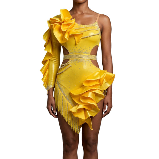 ByCharme Dark Yellow Tan Satin Fringes Latin Salsa Competition Dress - BCL-0195