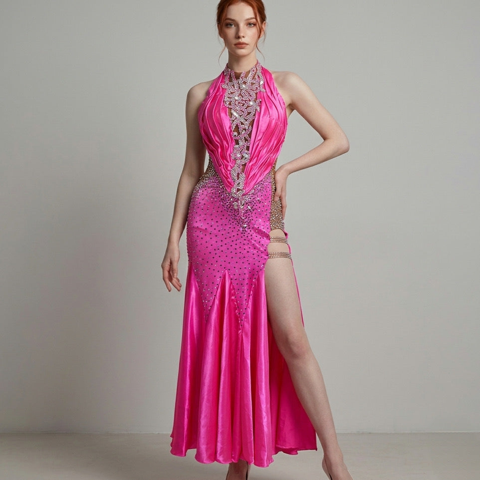 ByCharme Neon Pink Feather Ballroom Competition Dress - BC-0220