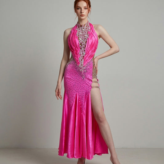 ByCharme Neon Pink Feather Ballroom Competition Dress - BC-0220