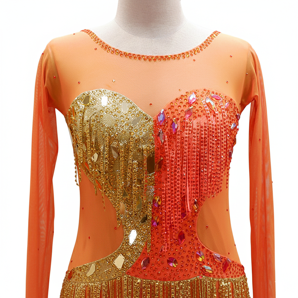 ByCharme Orange Red Gold Chiffon Latin Salsa Competition Dress - BCL-0088